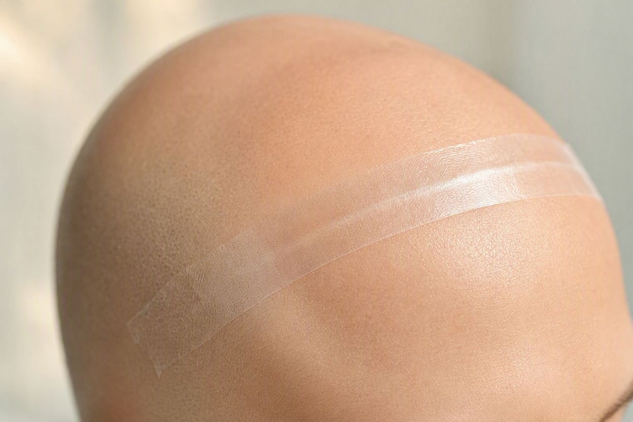 IMage of HBG Tape® applied to a scalp prior to putting on a wig
