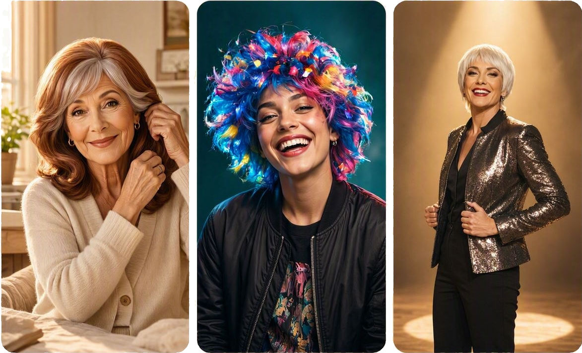 Young party-goers wearing fun wigs secured with HBG Tape®